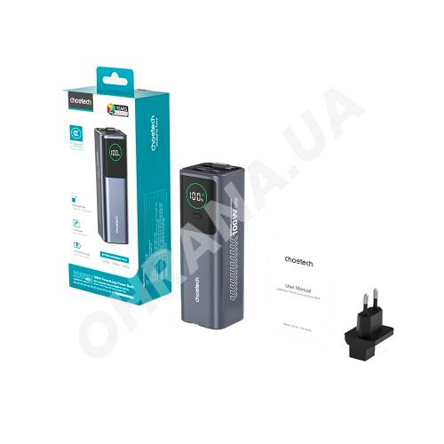 Фото Повербанк Choetech B1012 20000мА·ч 100W Grey с EU адаптером и встроенным кабелем