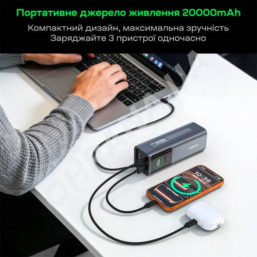 Фото Повербанк Choetech B1012 20000мА·ч 100W Grey с EU адаптером и встроенным кабелем